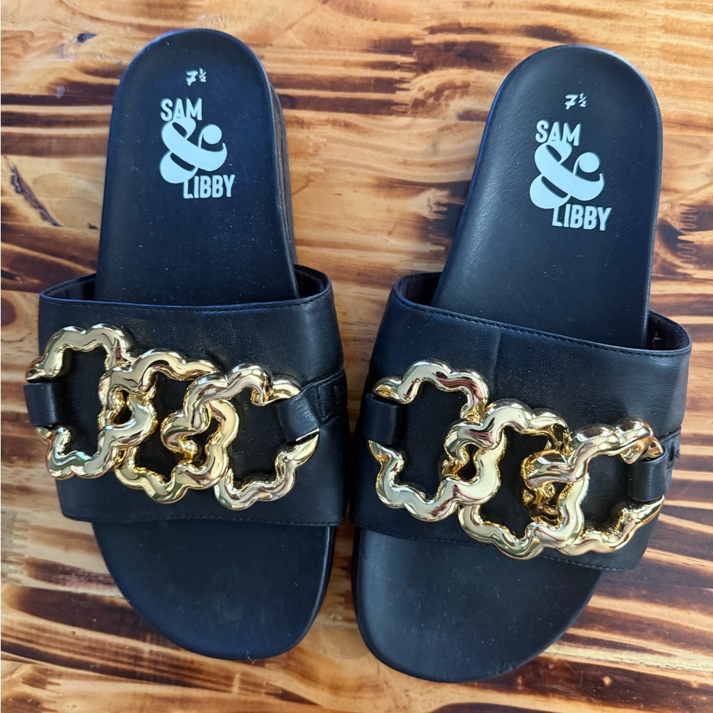 Sam & Libby Black Sandals with Gold Chain Accent